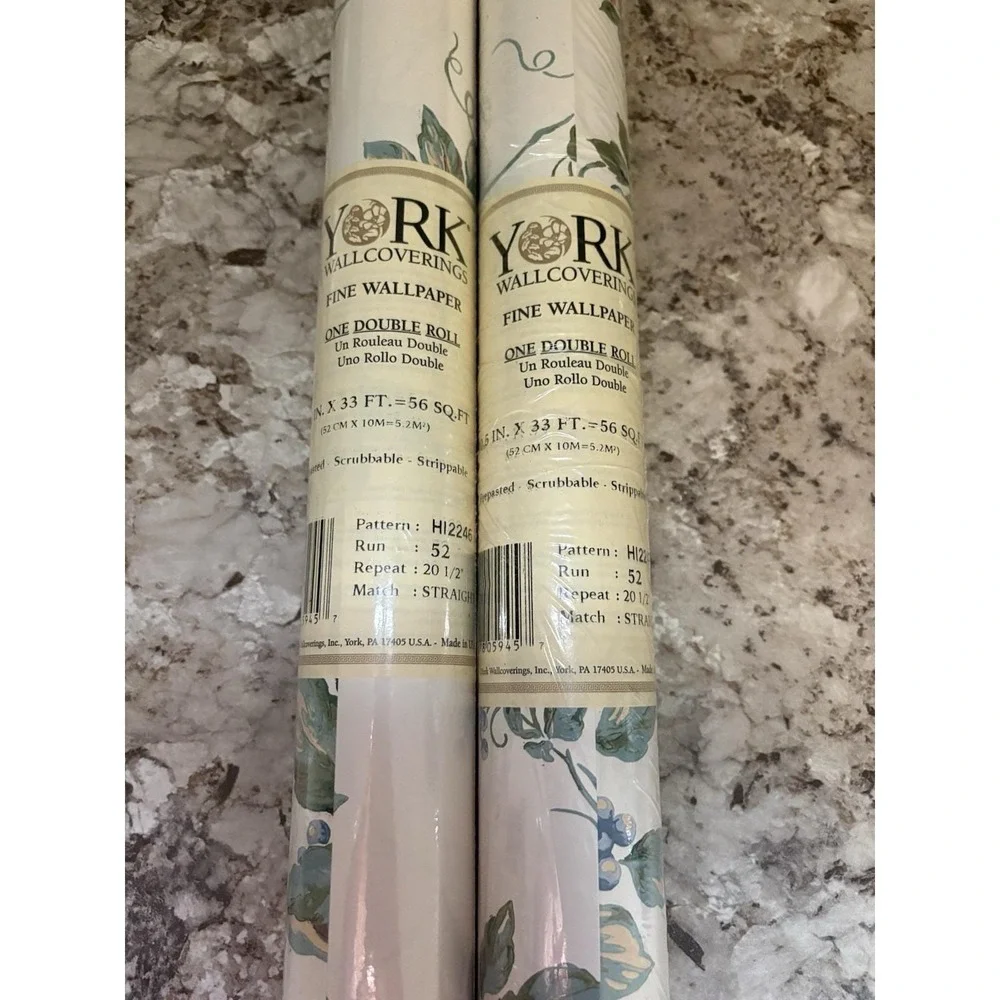 Vintage York Wallcoverings Cottagecore Botanical Fruit HI2246, 56 Sq Ft Lot Of 2